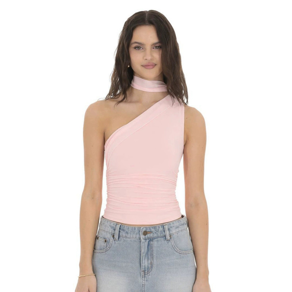 Zara Summer Solid Halter Neck Ribbon Irregular Hem Fitted Top